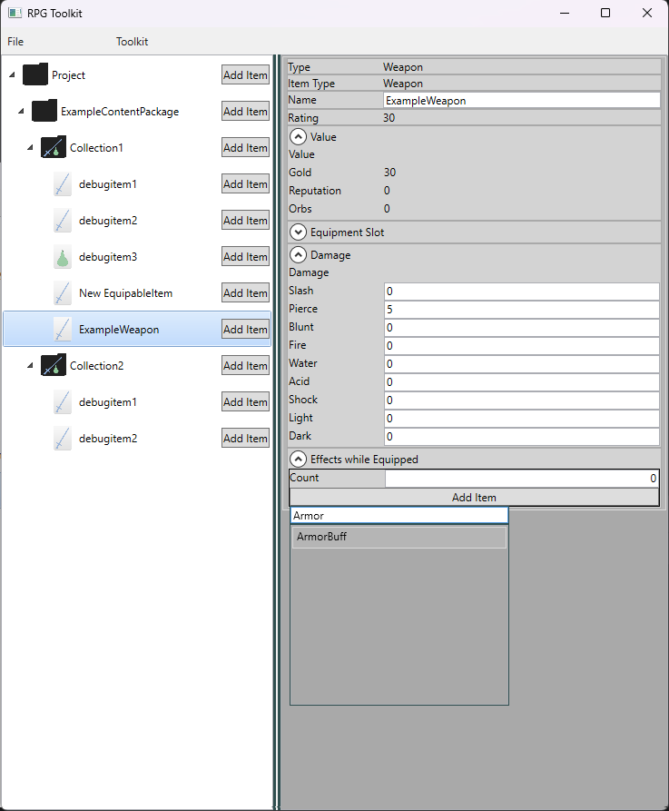 Das Bild zeigt den Inspektor während der Nutzer ein neues Element zu einem Feld hinzufügen möchte. Hierbei erscheint ein Dropdown mit allen möglichen Grundelementen für das Feld und einer Suchleiste.