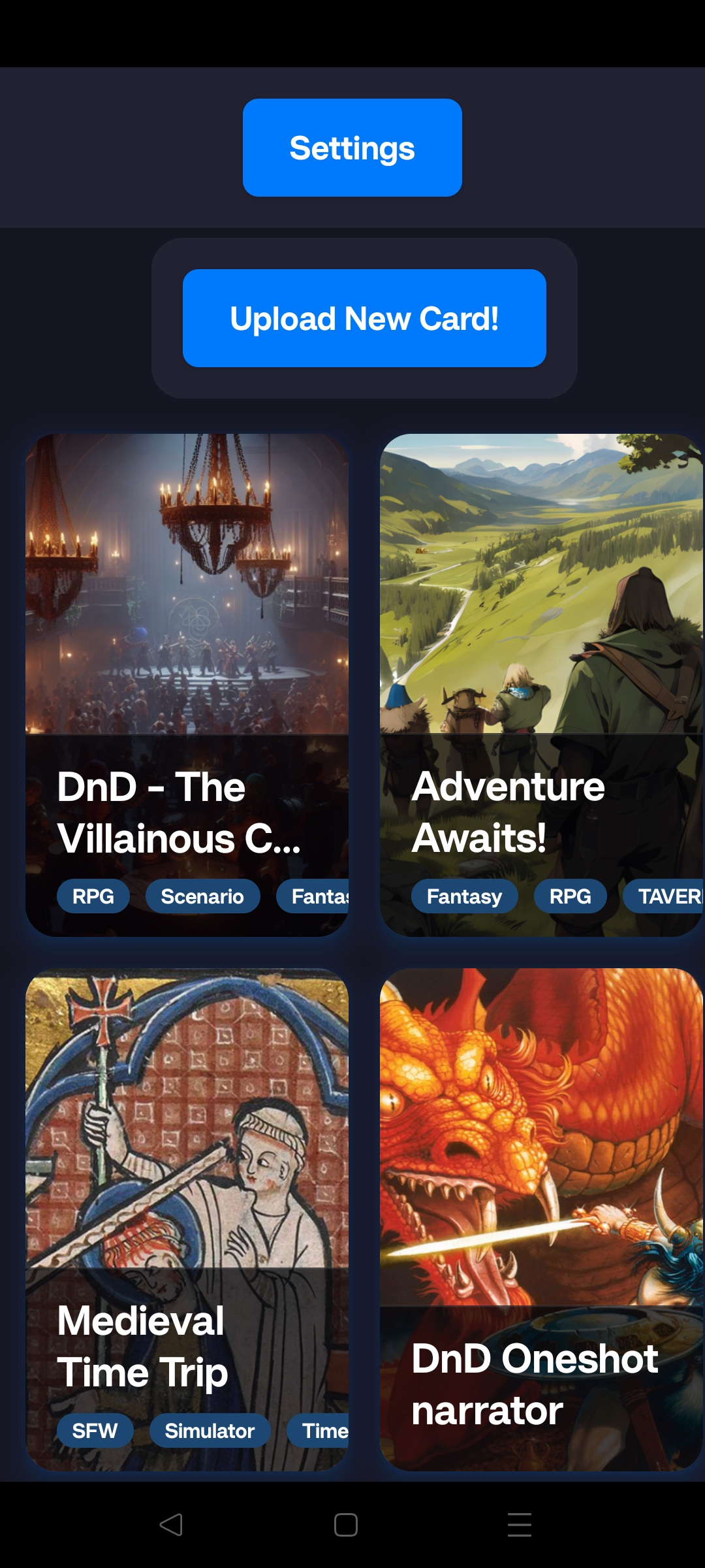 Zeigt eine Übersicht über 4 Character Cards und einen Upload, sowie einen Settings Button.