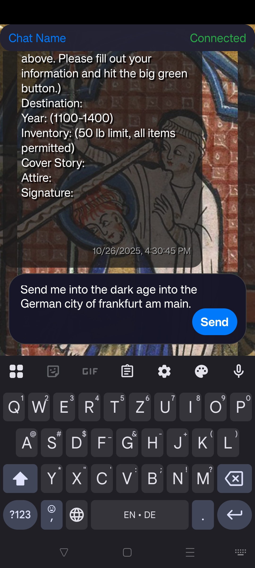 Screenshot der App während der Nutzer gerade mit Hilfe der Android Tastatur eine Nachricht schreibt.